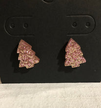 Load image into Gallery viewer, Pink Glitter Christmas Trees Stud Earrings
