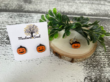 Load image into Gallery viewer, Jack O Lantern Wood Stud Earrings
