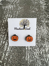Load image into Gallery viewer, Jack O Lantern Wood Stud Earrings
