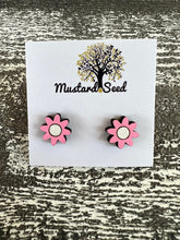 Load image into Gallery viewer, Pink and White Flowers Wood Stud Earrings
