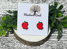 Load image into Gallery viewer, Apple with a Bite Wood Stud Earrings
