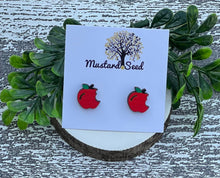 Load image into Gallery viewer, Apple with a Bite Wood Stud Earrings
