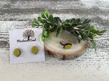 Load image into Gallery viewer, Green Leaves Wood Stud Earrings
