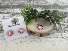 Load image into Gallery viewer, Pink and White Flowers Wood Stud Earrings
